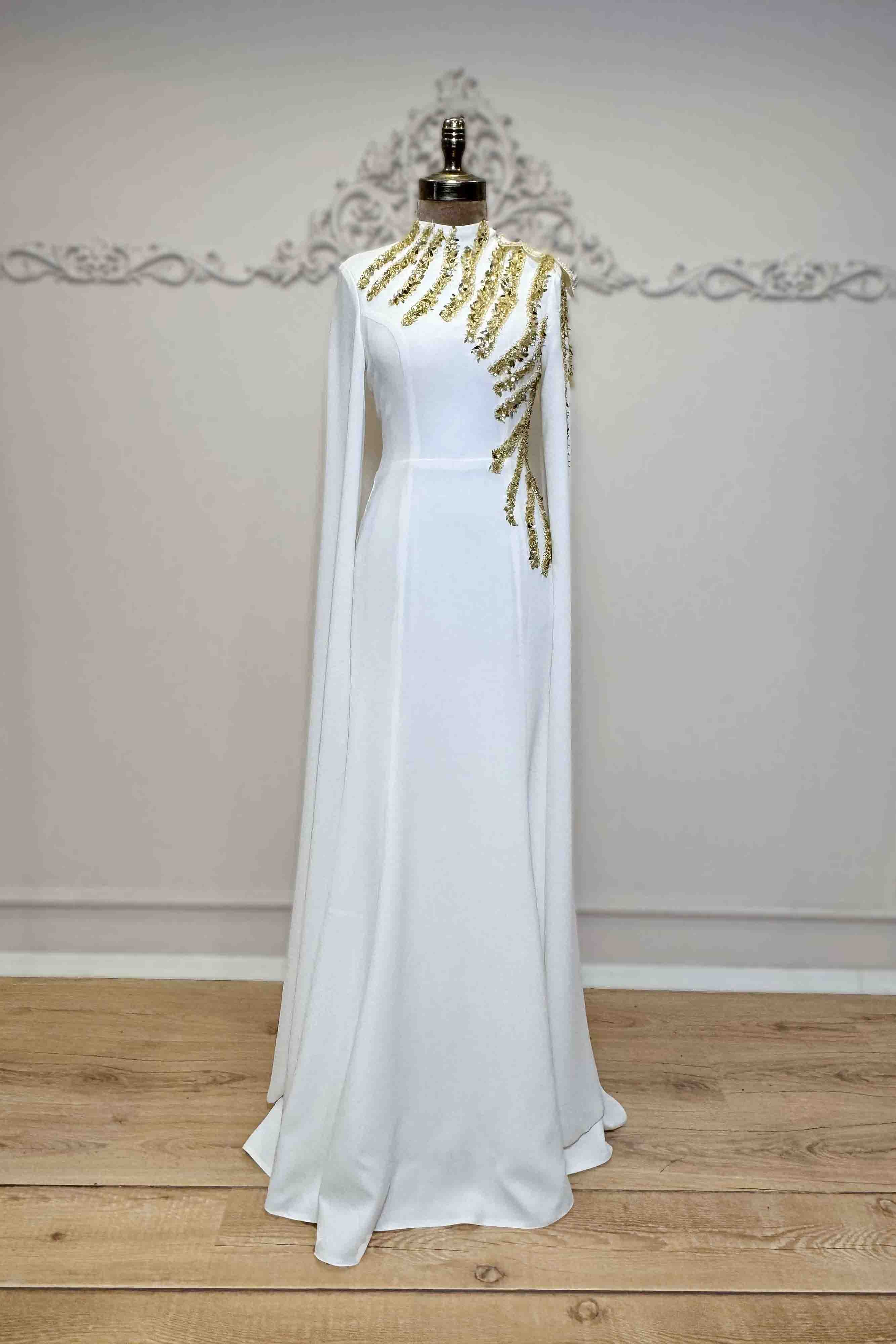 Salkım Abiye Beyaz Gold Nakış Detaylı