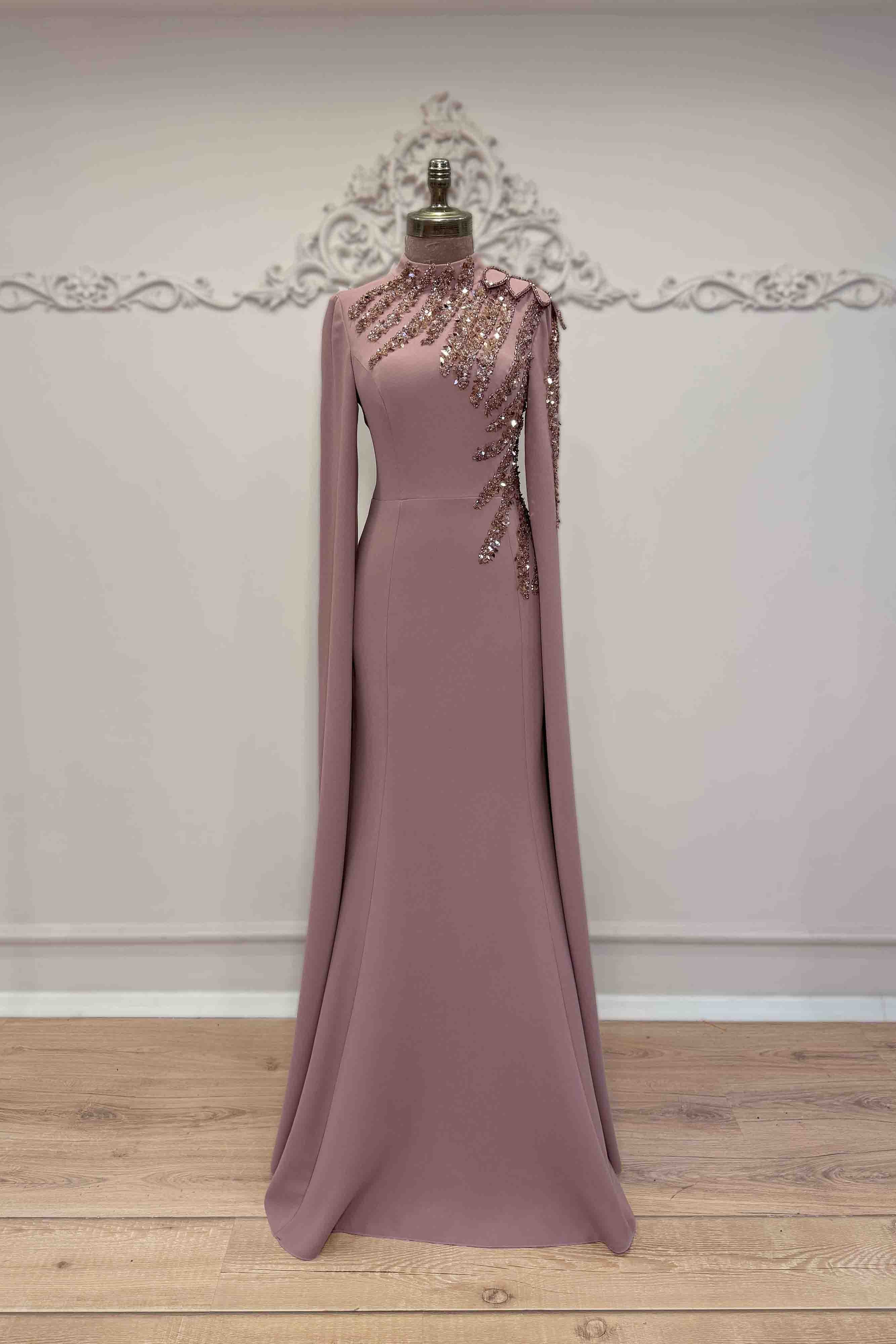 Salkım Abiye Mürdüm Nakış Detaylı