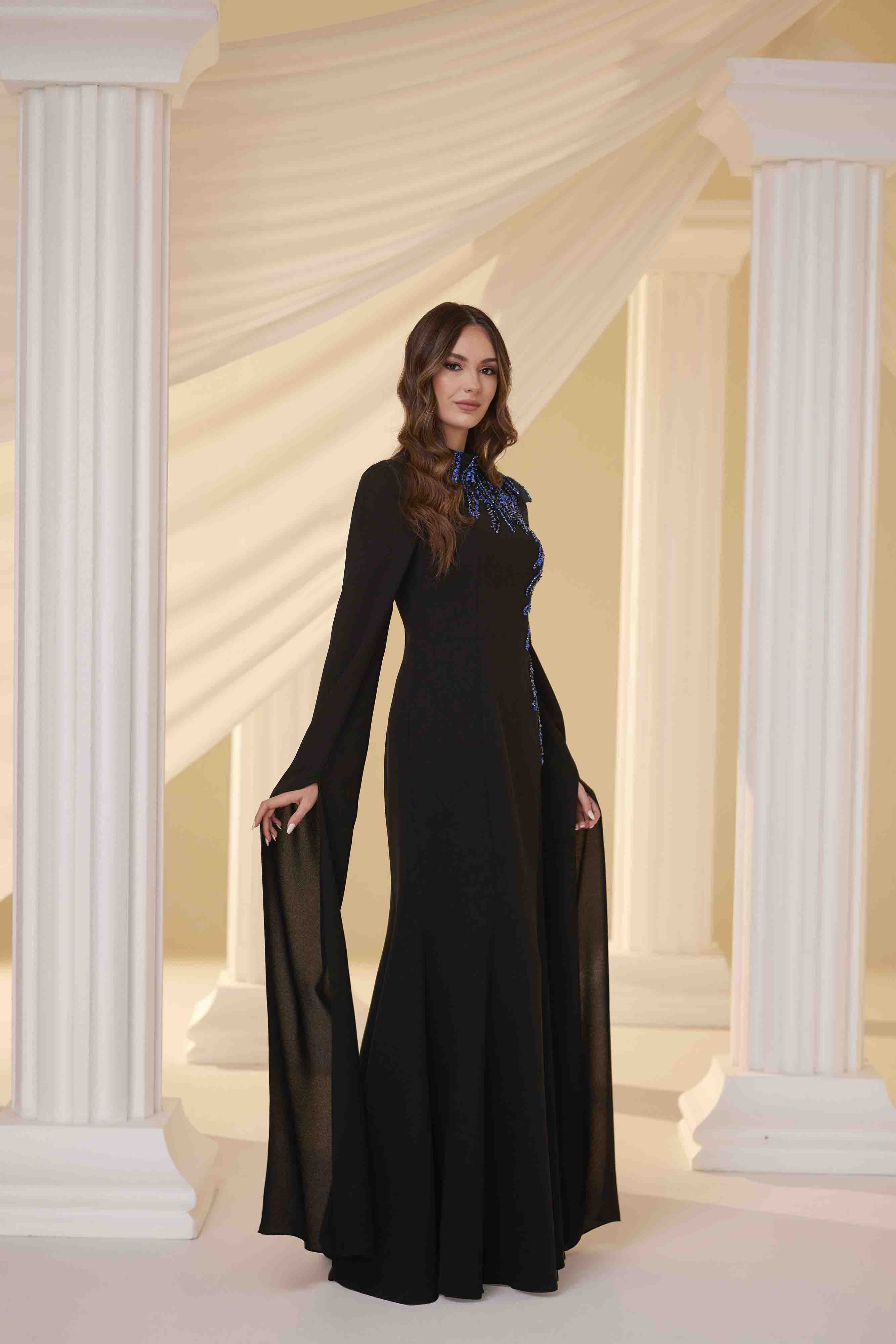 Salkım Abiye Siyah Mavi Nakış Detay