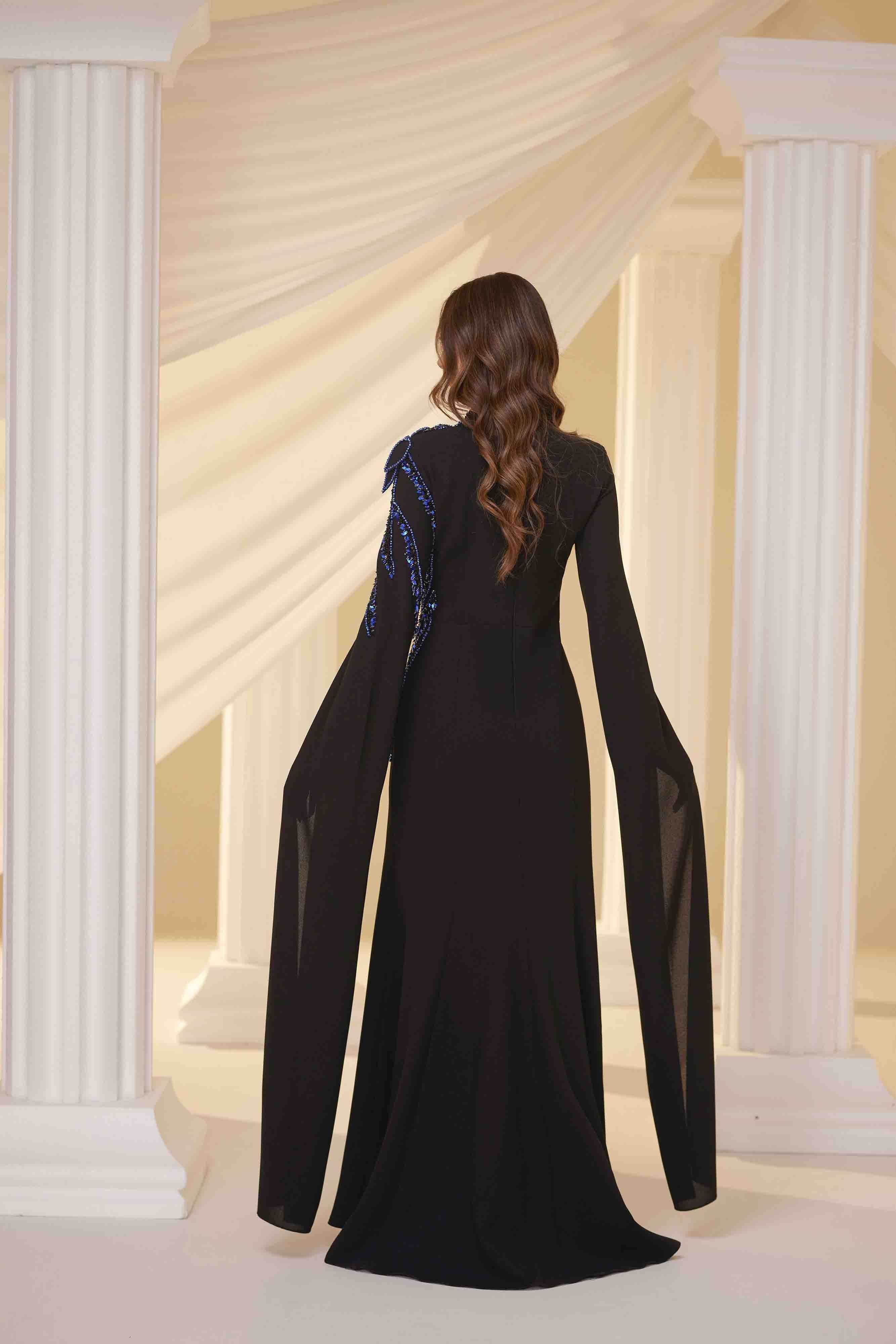 Salkım Abiye Siyah Mavi Nakış Detay