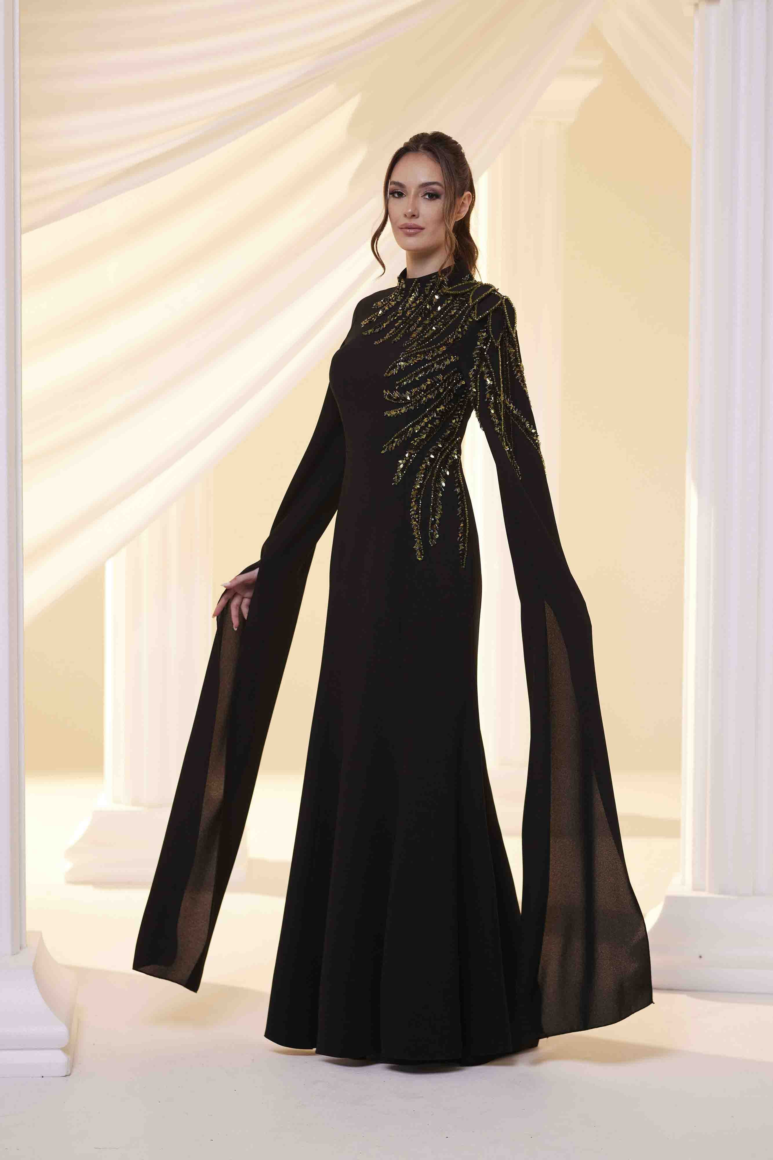 Salkım Abiye Siyah Yeşil Nakış Detaylı