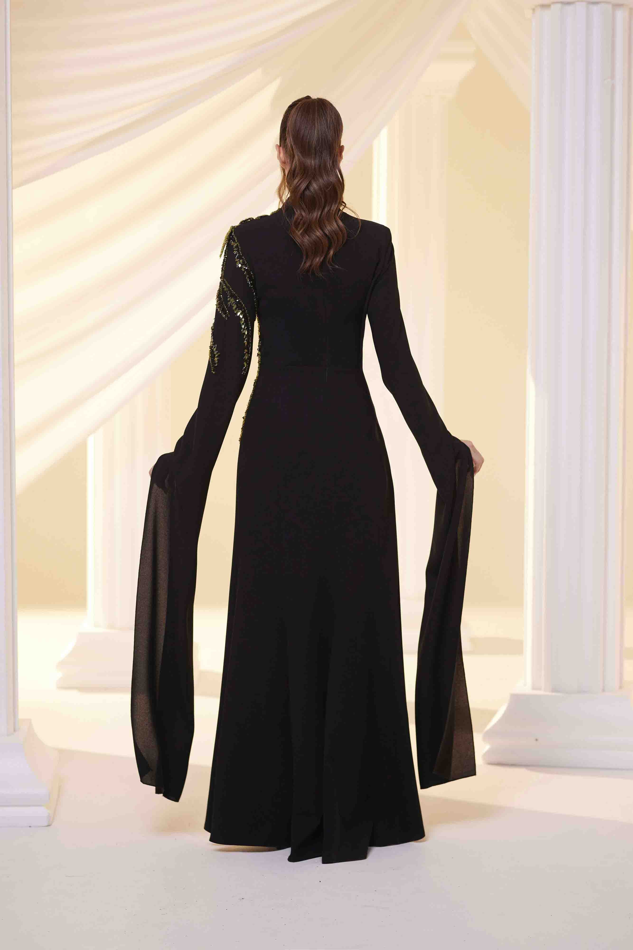 Salkım Abiye Siyah Yeşil Nakış Detaylı